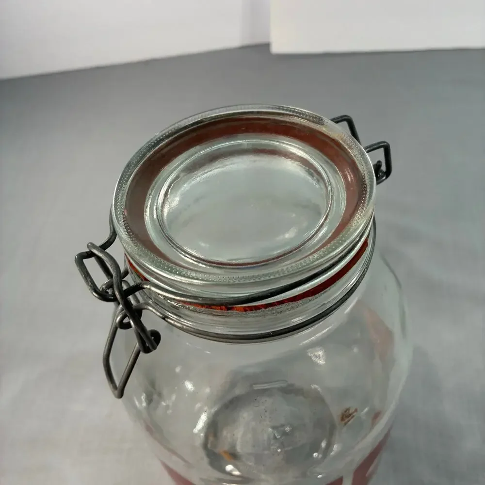 Vintage 3L Glass Storage Jar Clamp Lid Red Retro Graphic Kitchen Canister 11 In